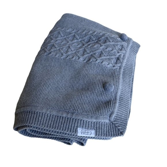 Mud Pie Gray Pom Pom Cable Knit Throw Baby Blanket - Picture 1 of 5